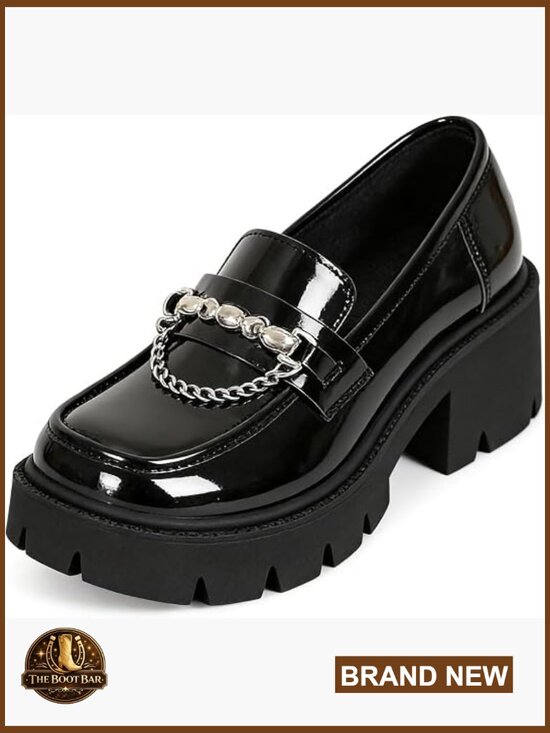 Shoes - Chunky Heel Platform Loafers with Chain Detail Slip-On Lug Sole Dress Shoes